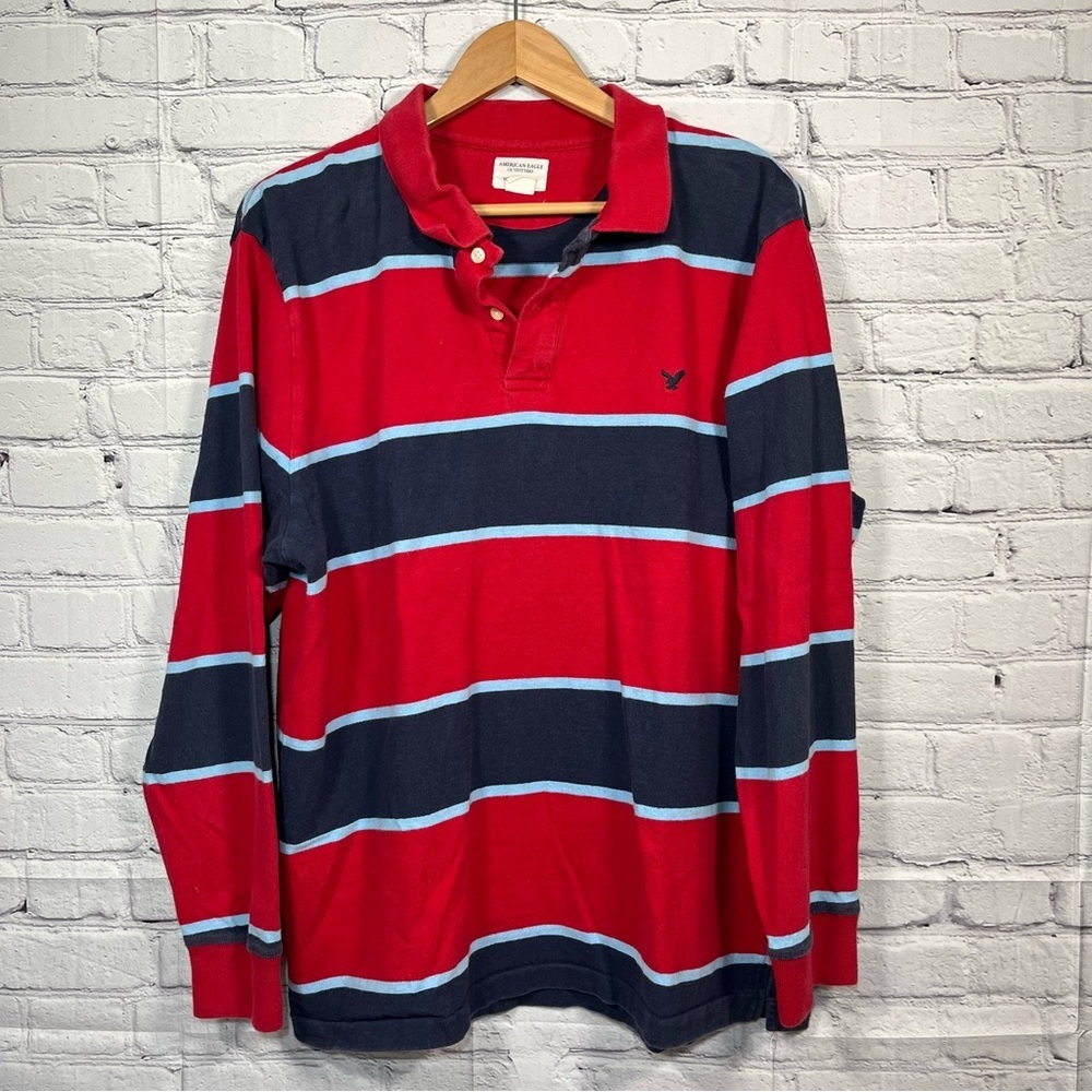 American Eagle Outfitters Rugby Polo Shirt Mens Large Red Blue Striped Collared